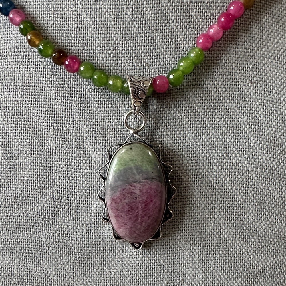 Genuine Ruby in Zoisite Silver Plated Pendant and Tourmaline Beaded Necklace